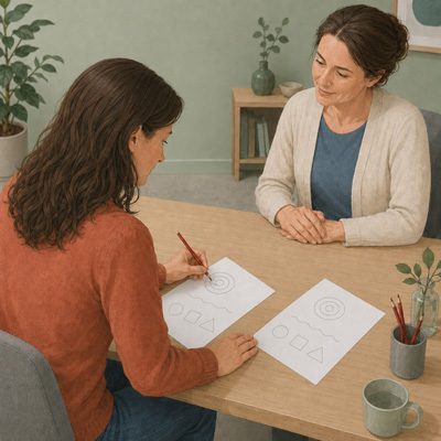 Frau erprobt bei einer Händigkeitsberatung das Zeichnen mit der linken Hand