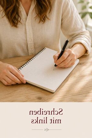 Person schreibt mit der linken Hand in ein Notizbuch.