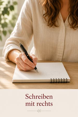 Person schreibt mit der rechten Hand in ein Notizbuch.