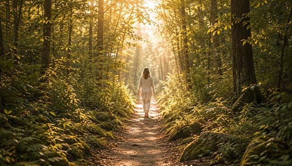 Person geht auf einem Waldweg in warmem Sonnenlicht.